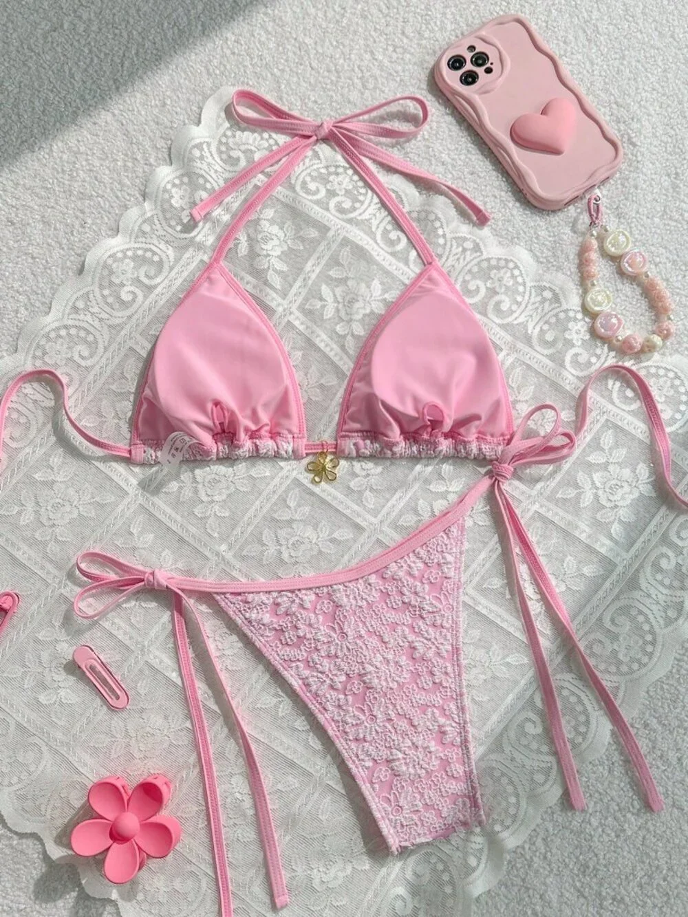 Pink Casual Women's Beach Floral Lace Top Drawstring Bikini